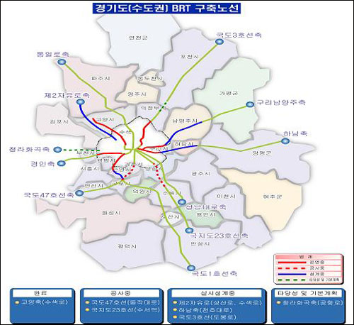 경기도의 수도권 BRT 구축노선 계획도
