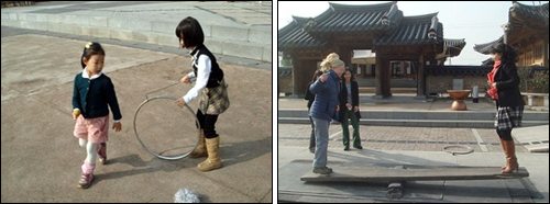 다정히 굴렁쇠 놀이를 하는 자매(왼쪽) 처음 해보는 널뛰기에 즐거워하는 외국인의 모습.