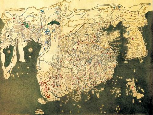혼일강리역대국도지도. 태종 2년에 제작된 지도로서 현존하는 동양에서 가장 오래된 세계지도이다. 국내에는 인촌 기념관에 소장되어 있으며 일본 류꼬꾸대학 소장본이 있다. 제주도와 대마도가 한반도를 받쳐주고 있다.