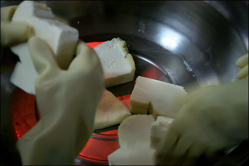 응고된 우유의 수분을 제거하고 몰딩 공정을 한 치즈가 실습용으로 주어진다. 