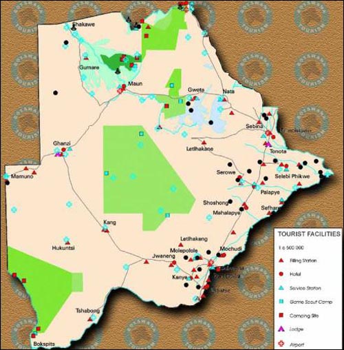 보츠와나 국립공원 지도(가운데 파란 부분이 중앙칼라하리 동물보호구역)