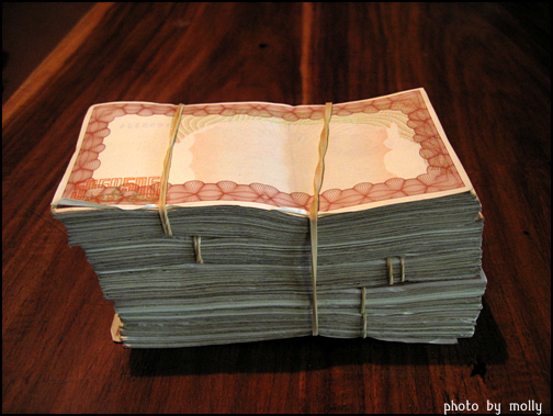 짐바브웨달러. 보통 2만 달러짜리 지폐로 환전해 주는데 우리 돈 10만원이면 지폐를 무려 500장이나 준다. 