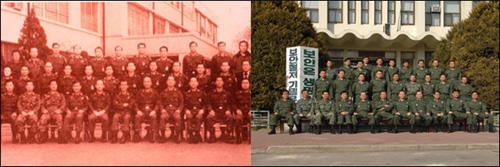 왼쪽은 쿠데타를 일으킨 실제 인물들의 사진이며, 오른쪽은 MBC-TV에서 인기리에 방영되었던 드라마 '제5공화국'의 출연자들이 당시의 모습을 재현한 사진.