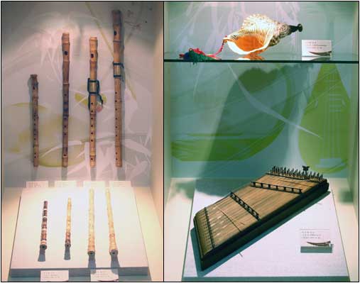 각종 관악기들(왼쪽)과 나각, 양금.