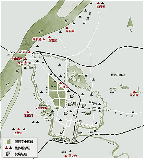 집단 학살이 발생한 현장 지도. 적게는 수십 명에서 많게는 만여 명을 몰살시킨 일본군은 시체를 소각하거나 양쯔강에 내던져 버렸다.