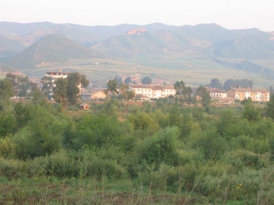 두반강변 수풀 너머로 작은 북한 도시가 보인다. 그 뒤로 온통 민둥산이다.   