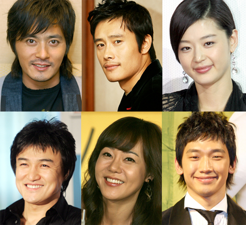  할리우드에 진출한 한국배우 장동건, 이병헌, 전지현, 비, 김윤진, 박중훈(왼쪽 위부터 시계방향)