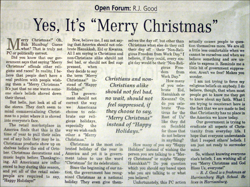 "메리 크리스마스"라는 표현을 강력하게 주장하고 있는 한 고등학생의 기사가 실린 '데일리뉴스 레코드'.