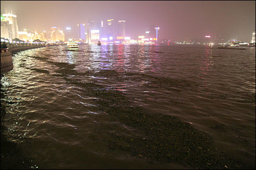 상하이가 자랑하는 와이탄(外灘) 앞을 흐르는 황푸(黃浦)강도 온갖 공장폐수와 생활쓰레기로 오염되었다. 화려한 상하이 와이탄 야경에 감추어진 또 다른 모습이다.
