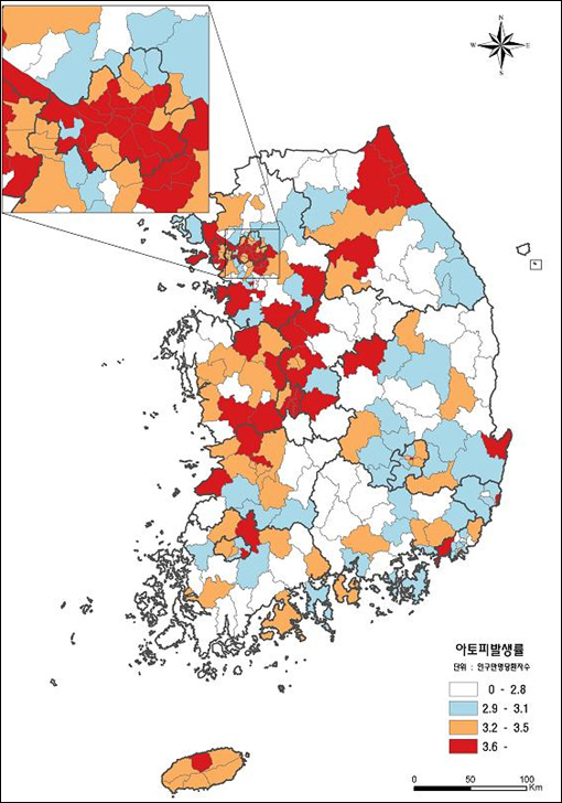 지난 국정감사를 통해 단병호 의원이 발표한 아토피 발생률 전국 지도