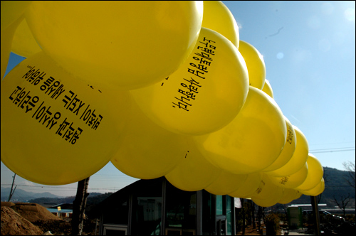 노사모는 노무현 대통령의 고향인 경남 김해 봉하마을에 퇴임 한 달을 앞두고 노란 고무풍선 매달기운동을 벌이고 있다.