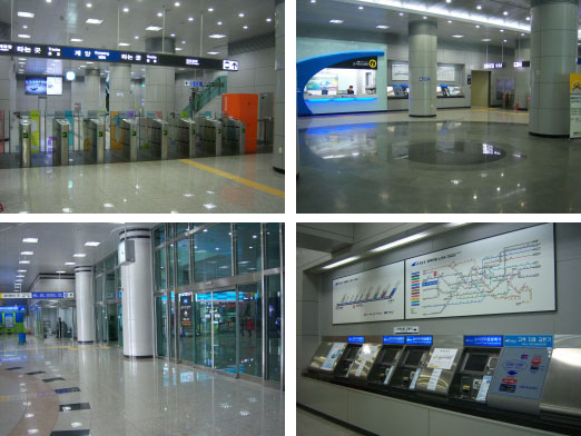 (좌상) 공항철도 개찰구 (우상) 공항철도 고객안내센터 (좌하) 인천지하철 1호선과 공항철도의 경계를 표시하는 유리문 (우하) 공항철도 자동매표기