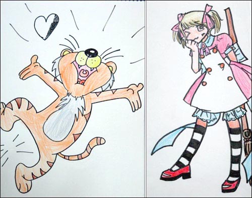 기뻐서 소리치는 고양이(왼쪽)와 웃는 시녀(오른쪽).
내가 제일 잘 그린 그림 가운데 하나다.