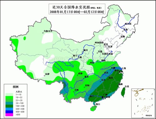 최근 한 달(1월 13일~2월 12일) 동안 중국 강수량 분포도다. 많은 양은 아니지만 마오우쑤 등 상당 지역에 비가 내렸다.