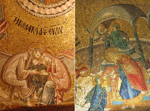모두 코라성당(박물관)에 있는 그림이다. 왼쪽은 성모마리아의 부모님이 아기 성모를 보살피고 있고, 오른쪽은 사원에 맡겨진 성모를 성직자와 천사가 키우고 있다. 