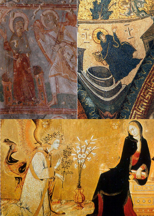 천사 가브리엘이 마리아에게 그녀가 아기를 잉태했음을 알려주는 그림이다. 위 왼쪽은 카파도키아의 바클동굴교회에, 오른쪽은 이스탄불 코라박물관에 있으며, 아래쪽은 르네상스 시기에 마르티니가 그린 그림이다. 
