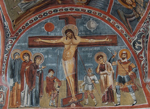카파도키아 암굴교회의 그림이다. 십자가 주변의 두 사람이 창과 긴 막대기로 예수를 찌르고 간지럽히는 것 같다. 마리아는 슬픔에 잠겼다.