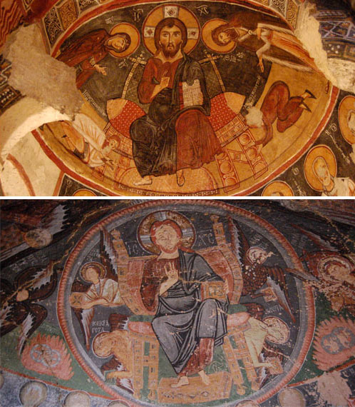 카파도키아 암굴교회의 그림(위)과 장미계곡 동굴교회 그림(아래)이다. 그림 내용이 시간과 지역에 따라 조금씩 변해가고 있다.