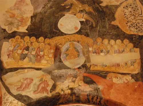 최후의 심판 그림은 미켈란젤로 그림과 마찬가지로 3단계로 구분되고 있다. 중간단에서 예수가 구제와 거절을 결정짓고 있다. 