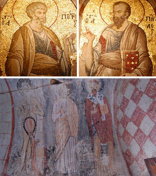 복음을 전파하는 데 성 베드로와 바울의 역할이 컸다. 위 사진 왼쪽이 성 베드로이고 오른쪽이 바울이다. 아래는 카파도키아 지역의 기독교에 큰 역할을 한 오누포리우스, 토마스, 바실리우스 성인이다. 오누포리우스의 모양이 재미있다. 
