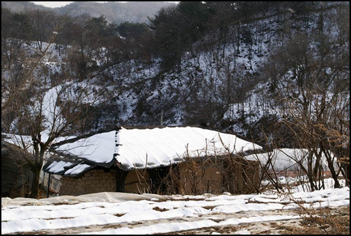 눈 덮인 산골 마을에 낮은 지붕이 무척 포근하고 정겨워요.