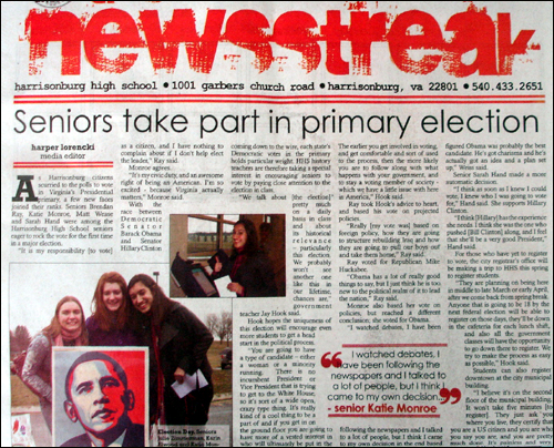 예비 선거에 참가한 12학년생 이야기를 머리기사로 다룬 <뉴스 스트릭>.