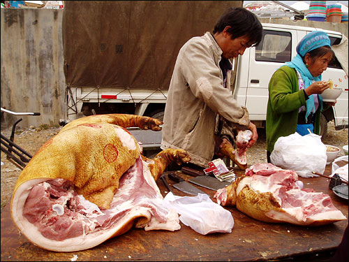  두 가지 재미를 주는 사진.  돼지 한마리가 그냥 통으로 꾸밈없이(?) 드러누워 있다는 것과 두 사람이 참 많이도 닮았다는 것.  