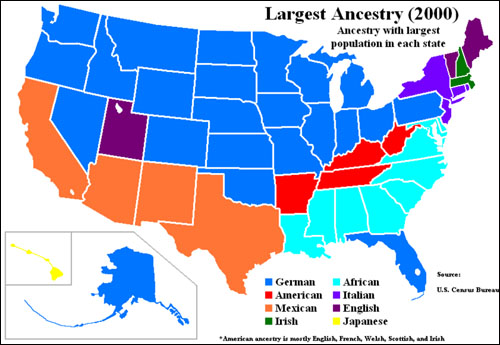 2000년 미국 인구 센서스 결과, 각 주에서 가장 인구 비중이 높은 인종 및 민족을 표시한 지도. 주황색이 히스패닉, 하늘색이 흑인, 진한 파란색을 비롯한 나머지 지역(노란색 지역은 제외)은 유럽계 백인이 가장 많은 주를 의미한다. 힐러리가 승리한 캘리포니아, 텍사스, 애리조나, 뉴멕시코 등의 주는 모두 히스패닉 인구가 많은 곳임을 알 수 있다.
