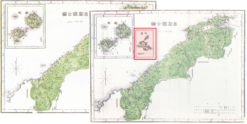 시마네현 고시 이전 지도(왼쪽)에는 오끼섬만 그려져 있으나 1905년 2월 시마네현고시 이후에 제작된 지도(오른쪽)에는 독도(붉은색표시)그려져 있다.