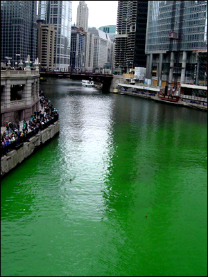 녹색 물감으로 물든 시카고 강 풍경. 이 연례행사에는 강물에 영향을 주지 않는 친환경 색소가 사용된다.