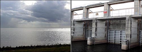 미국에서 두 번째로 큰 호키초비호수(왼쪽)와 화물선박운행이 없어 굳게 닫힌 오키초비운하갑문.