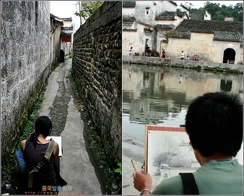 황산시 홍춘 마을에서 그림을 그리고 있는 화가지망생들