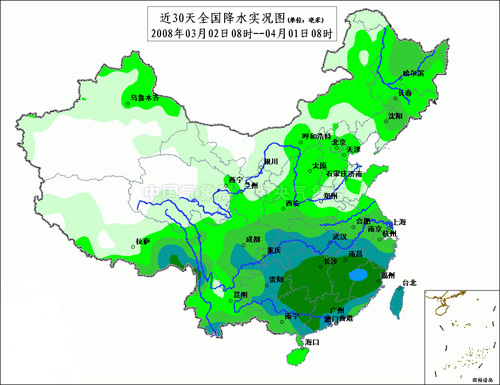 올해 3월 2일~4월 1일 사이 중국 각 지역별 강수량. 황사 발원지인 네이멍구 지역도 적게나마 전반적으로 강수량을 기록했다.
