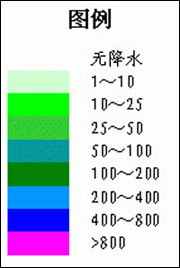 색깔에 따라 강수량을 다르게 표시한 자료. 아래에 있는 3월 2일~4월 1일 사이 중국 각 지역별 강수량 그래픽을 읽는 기준이다.