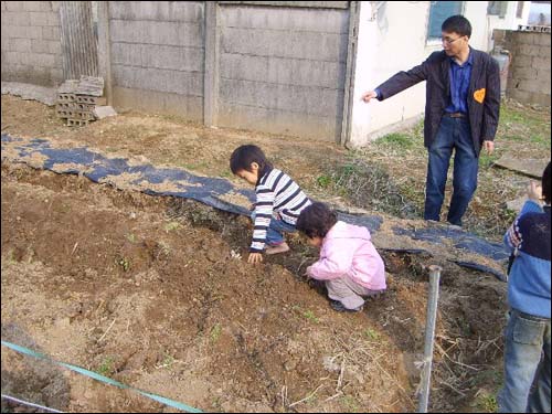 아이들이 밭에서 맨발로 흙을 밟고 아빠들과 함께 씨뿌리기 놀이를 한다.