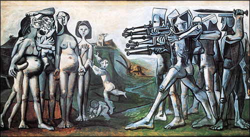 한국 대학살(Massacre in Korea) 1950년 한국전쟁을 소재로 파블로 피카소(Pablo Picasso)가 그린 것으로 로봇과 같은 병사들이 벌거벗은 사람들을 향해 총을 쏘려 하자 아이들이 겁에 질려 있는 모습을 담고 있다. 폭력의 잔혹성을 표현한 것으로 모티브가 된 사건이 황해도 '신천리 학살'이라는 주장이 있지만 반론도 만만찮다.