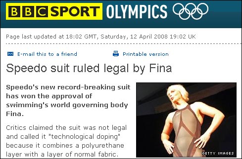  '레이저 레이서는 규정을 위반하지 않았다'는 FINA의 발표를 보도하는 영국 BBC