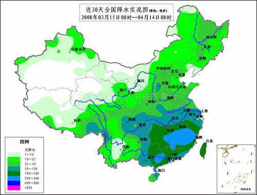 3월 15일부터 4월 14일까지 중국 전체 강수량 분포도. 녹색이 짙어질수록 강수량이 많다는 의미다.