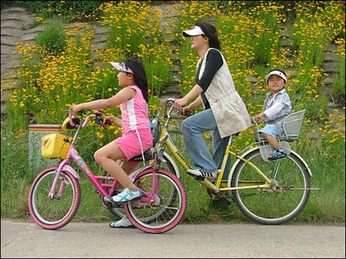 노란 자전거에 호연이를 태우고(작년 봄) 
하영이는 당시 어린이용 자전거를 타고 다녔음