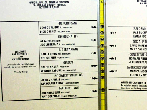 본선거에서 유권자들이 사용하는 투표용지. 지역마다 형태가 다르지만, 투표용지에는 대선 후보의 이름이 적혀 있다. 비록 지지하는 후보의 이름에 표시해서 투표함에 넣지만, 이 표는 후보의 득표수로 직접 연결되지 않고 선거인단의 수를 계산하는 목적으로만 사용된다. 사진은 2000년 선거 당시 문제가 되었던 플로리다 주 팜비치 카운티의 '나비투표용지.' 유권자들의 혼란과 오판을 유도한다는 주장이 제기되기도 했다.