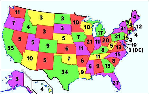 선거인단 지도. 각 주에 표시된 숫자가 할당된 선거인단 수. 이 숫자는 각 주의 상원의원(2명)과 하원의원(인구비례)의 수를 더한 것이다. 