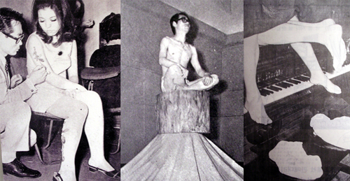 김구림 '보디페인팅(1969)'. 김구림의 퍼포먼스 '도(道 Zen 1970 제10회 한국미술협회전)', '정찬승, 차명희 피아노 위의 정사(1969 오른쪽)' 작년 국립현대미술관에서 열린 '한국의 행위예술(1967-2007)'에서 찍은 사진