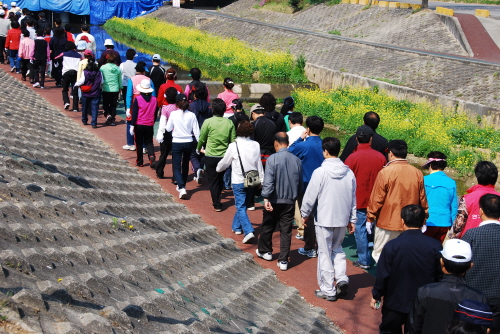 하천을 따라 걷고 있는 걷기대회 참가자들의 모습