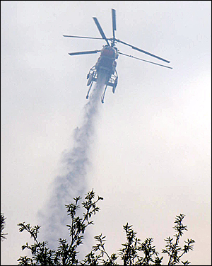 산림청 헬기가 물을 뿌리며 산불을 진화하고 있다