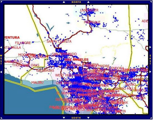  LA 지역의 성범죄자 분포도. 파란색이 성범죄자 거주지 