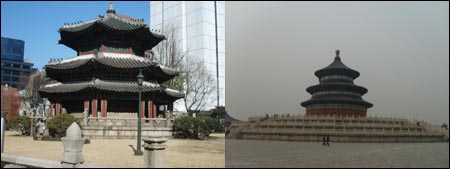 고대 제천행사의 전통을 계승한 한국의 원구단(왼쪽)과 중국의 천단. 두 민족이 상당 기간 동안 별도의 제천행사를 지냈다는 사실은 두 민족이 정치적으로 별개의 존재였음을 보여주는 것이다. 
