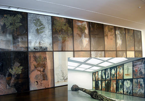 '양치식품의 비밀(Geheimnis der Farne)' 양치식물 패널 20 패널. 190×140×10cm 2007. '종려주일(Palm Sonntag)' 미국 LA 가고시언갤러리 키퍼 전시회 2006(아래). 유사한 형식의 두 전시회