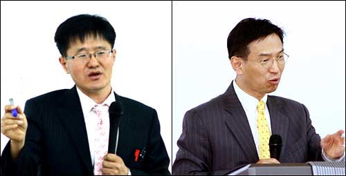 강연을 하는 한국사이버대 김슬옹 박사(왼쪽)와 연세대학교 교육학과 한준상 교수