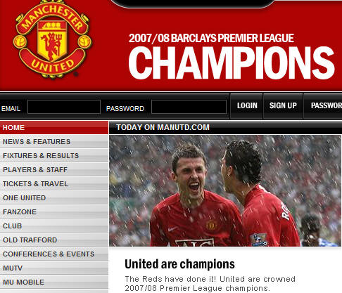  2007-2008 리그 챔피언을 자축하는 구단 누리집(manutd.com) 첫 화면