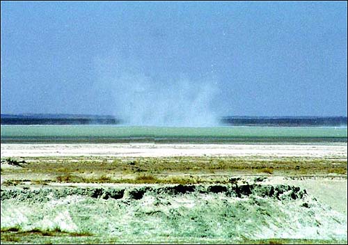 차깐노르 호수 바닥에 모래 폭풍이 생겼다. 알칼리 분말이 이 바람을 타고 날아가 생태계에 피해를 준다.